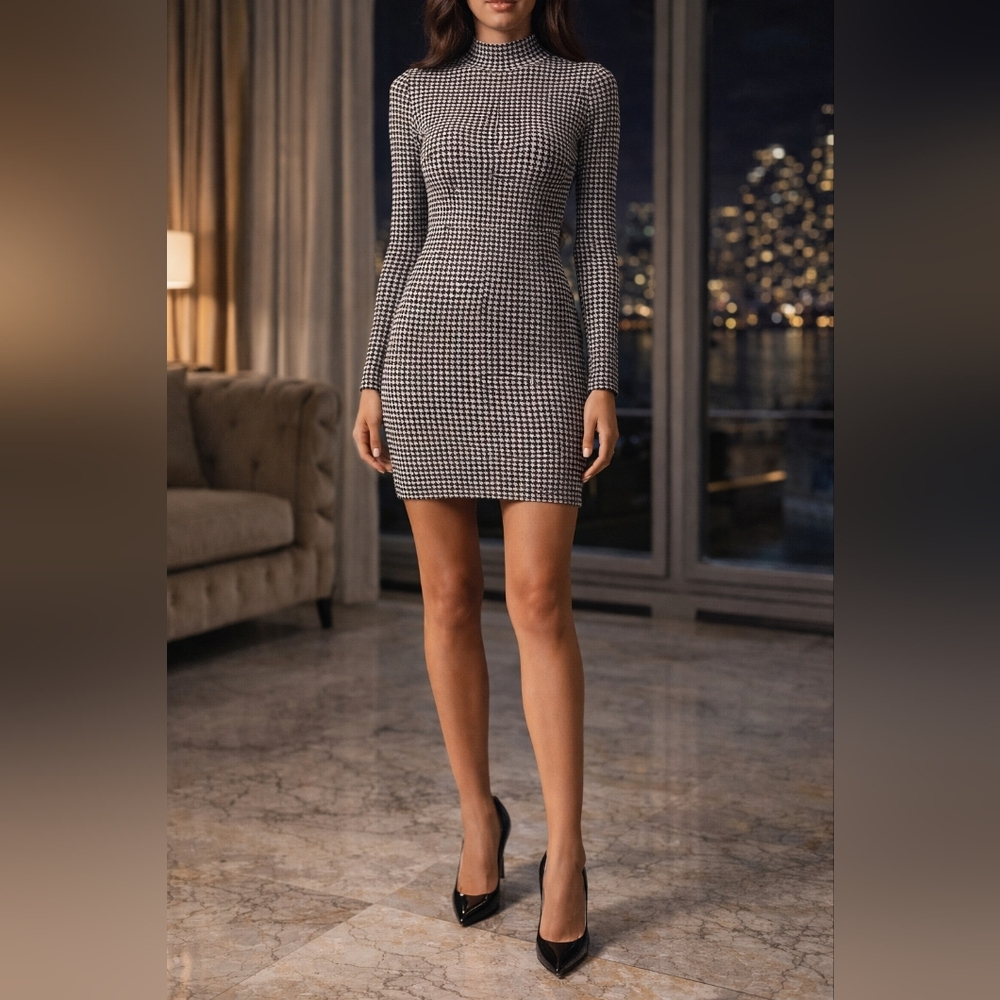 Houndstooth Long-Sleeve Bodycon Mini Dress - Black & White
